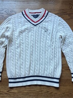 Vineyard Vines Cable-Knit V-Neck Tennis Sweater with Navy & Red Trim